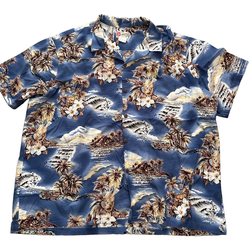 Vintage Hilo Hattie Hawaiian Shirt Mens 5XL button up Palm trees Guitars AOP